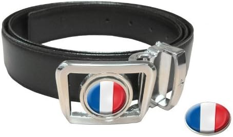 Asbri FRANCE MENS SMALL 30 TO 36 INCH LEATHER TOUR BELT WITH 2 NATIONAL FLAG CRESTED GOLF BALL MARKERS