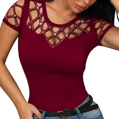 Farmerl Womens Tee O-Neck Short Sleeve Hollow Out Bling Nail Beading Casual Tops Wine - Thumbnail 7