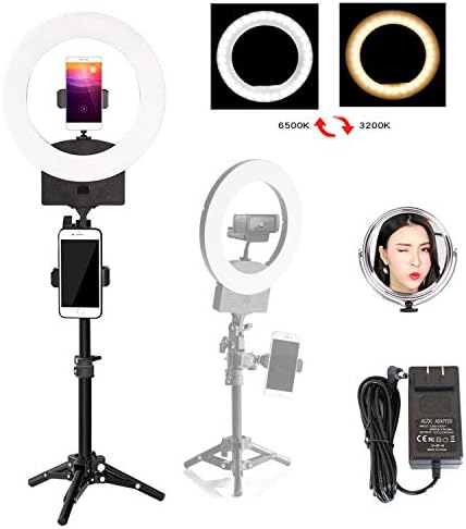 10" 3200K~6500K Dimmable Selfie Ring Light with Adjustable Light Stand,Makeup Mirror and Phone Holder, Perfect Desktop LED Lamp for Vlogs,YouTube Channel,Makeup,Salon …