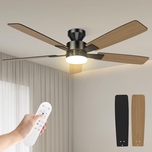 Airwit Ventilador de Techo 52 Pulgadas, Abanico de Techo de 5 Aspas con Luz y Control Remoto, Motor Silencioso Reversible, Montaje Empotrado, Negro