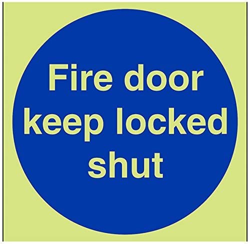 V Safety Glow In The Dark Fire Door Keep Locked Shut Sign - 150mm x 150mm - Rigid Plastic — image 1