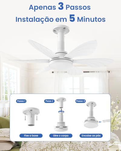 Ventilador de Teto com Luz 28", Instalação Fácil, 6 Pás para Forte Ventilação, Motor DC Reversível, Controle Remoto e Luz Regulável