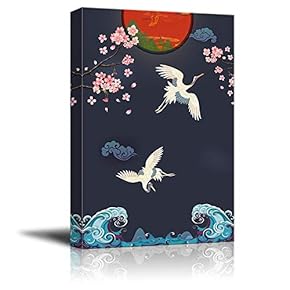 Canvas Wall Art Chinese Traditional Lucky Crane Painting Artwork for Home Prints Framed - 12x18 inches