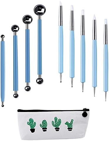 10 Pieces Stylus Tools Set, 5 Pieces 2 Way Dotting Tool Rubber Brushes and 4 Pieces Double-ended Metal Ball Tools , Clay Pottery Modeling Kit with a Storage Bag