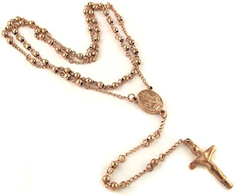 Catholic Stainless Steel Beads Rosary Necklace with Crucifix Cross and Medal 4mm- Rose Gold