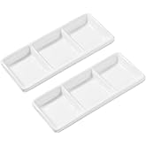 Cabilock 2PCS Ceramic Divided Sauce Dish, 3-Grid Rectangle Condiment Serving Tray, 6 Inch Appetizer Serving Platters for Home Kitchen Restaurant, White