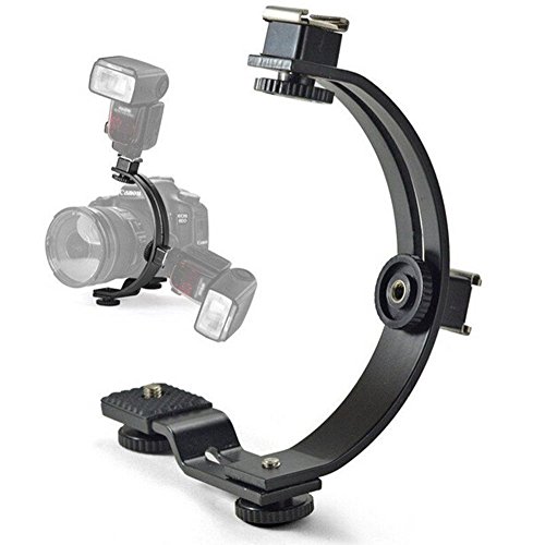 INSEESI C-Shaped Flash Bracket with Two Hotshoe and 2 Tripod Screws for LED Video Light DSLR Camera Camcorder