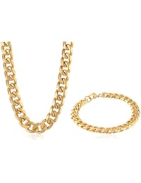 Men's Stainless Steel Curb Chain Bracelet and Necklace Jewelry Set Gold-Tone 22 Inches 10 mm Wide by Lavari Jewelers