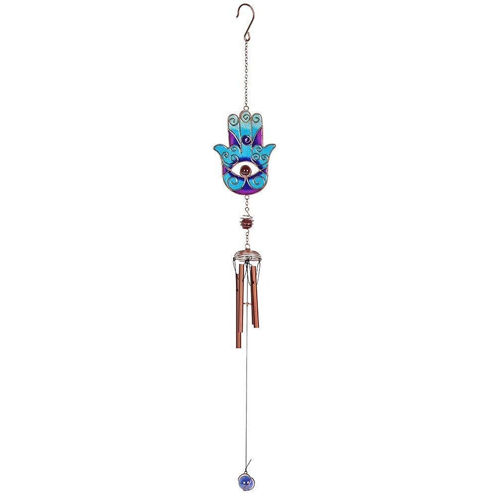 Vibrant Blue Metal Hand of Hamsa Windchime - 73cm x 9cm (1 Pc.) - Delightful Exterior Ambiance & Unique & Enchanting Gift Idea - Ideal for Home Decor