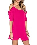 Women's Chiffon Cut Out Cold Shoulder Trumpet Sleeve Spaghetti Strap Dress Top Rose Red Small
