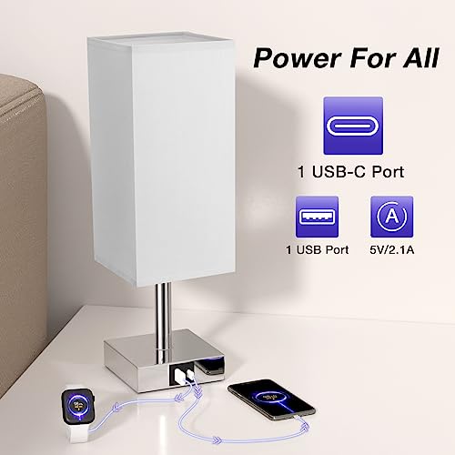 Aooshine Bedside Lamps, Touch Control Table Lamp with USB A+C Charging Ports, Lamps 3 Way Dimmable, for Bedroom Living Room-Grey Fabric Shade (LED Bulb Included)