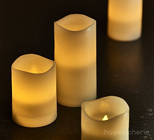 Hayley Cherie - Textured Real Wax Flameless Candles with Timer (Set of 4) - LED Candles 3, 4, 5, 6 inches Tall - Flickering Amber Flame - Battery Operated Pillar Candles - Large Unscented