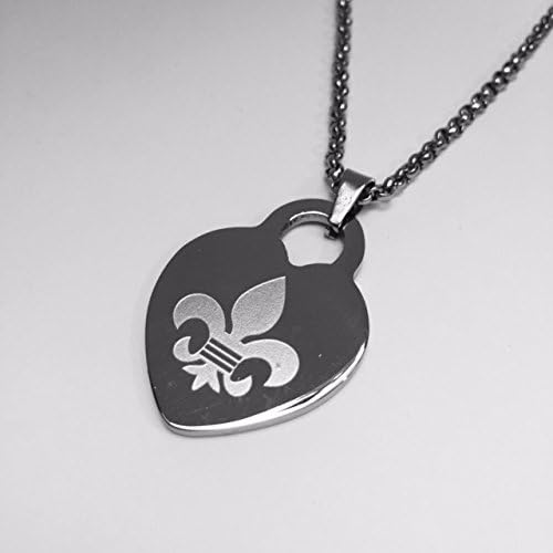 Amythyst Silver Tone Stainless Steel Cable Link Necklace with Fleur De Lis / Engravable Heart Pendant