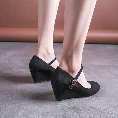 Fashion Respctful✿ Women's Mary Jane Closed Round Toe Buckled Strap Ankle Strappy Wedge Pump Black