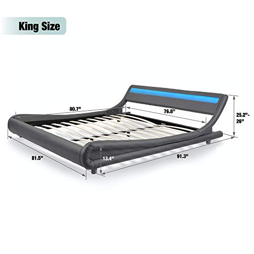 Amolife Upholstered King Size Bed Frame with Adjustable LED Lights
