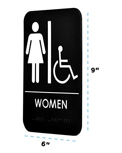 Alpine Industries Women's Braille Handicapped Restroom Sign - Self Adhesive Black & White Bathroom Door Plate - Placard for Restaurants & Public Ladies Room