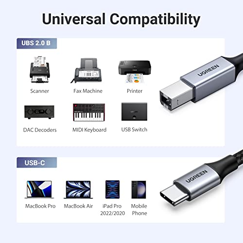 UGREEN USB C Printer Cable, 3 FT USB B to USB C, Nylon USB C Printer Cord for MacBook Pro/Air