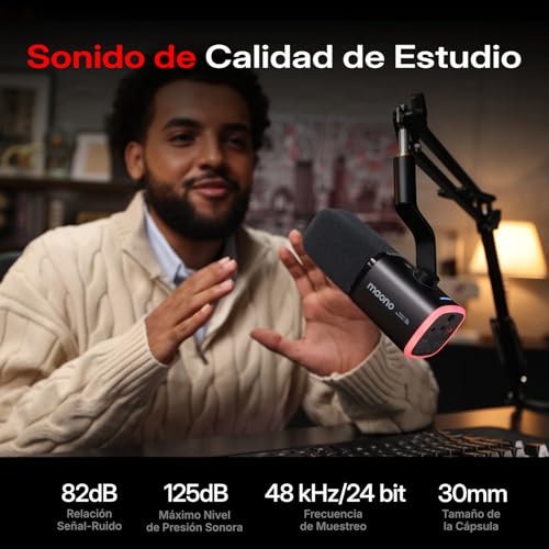 MAONO PD100W Micrófono dinámico Inalámbrico USB con receptor tipo C, batería de 40h, botón de silencio, cancelación de ruido, software, RGB, micrófono para pc gamer, stream, grabación, juegos, podcast