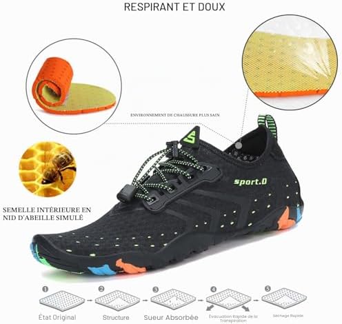 Chaussures Aquatiques Homme Femme Chaussure d'eau Respirant Chaussures de Plage Séchage Rapide Chaussures Mer pour Plongée Nautiques Baignade Riviere St.1 Noir GR. 42 EU