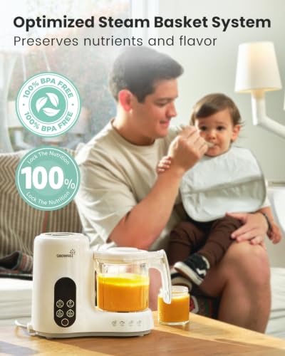 Grownsy Baby Food Maker with Steam Basket, One Step Baby Food Processor Steamer Puree Blender Grinder Mills Machine, Auto Cooking Grinding and Sterili-zing for Healthy Homemade Baby Food, White