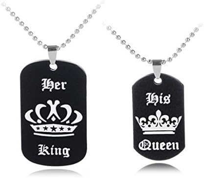 Couple Necklace Jewelry Crown Dog Tag Necklace for Couple Lover Valentine Gift (Letters Her King His Queen) (color 1)