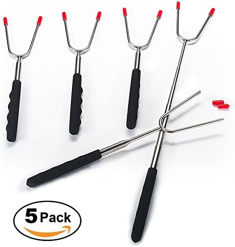 Telescoping Marshmallow Roasting Sticks (Set of 5 for Kids), Safe Hot Dog Smores Forks Kit for Fire Pit, Camping, Campfire, Bonfire & Outdoor Cookware