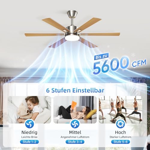 EppieBasic Ventilateur Plafond avec Lumiere Salon: 132 cm Ventilateur Plafond Moteur DC Silencieux avec Télécommande/Appli – 6 Vitesses, Design Moderne, 6 Pales Aspect Bois pour Chambre