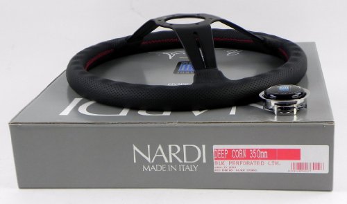 Nardi Steering Wheel - Deep Corn - 350mm (13.78 inches) - Black Perforated Leather with Red Stitching - Classic Horn Button - Part # 6069.35.2093