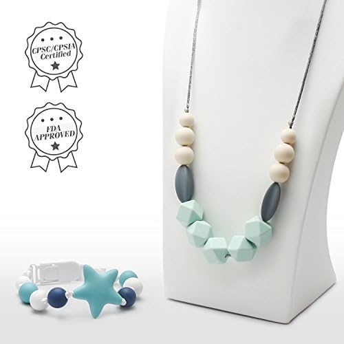 Teething Necklace for Mom and Pacifier Clip, 100% BPA Free Food Grade Silicone Teething Beads Reduce Teething Pain, Nursing Necklace and Teether Clip, 2 Pack