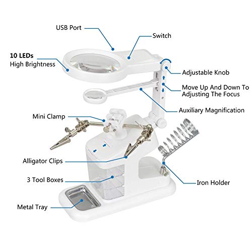 LED Light Helping Hands Magnifier Station - FEITA 3X/4.5X/25X USB Lighted Hands Free Magnifying Glass Stand with Iron Holder and Alligator Clips - for Soldering, Assembly, Hobby and Crafts - Thumbnail 4