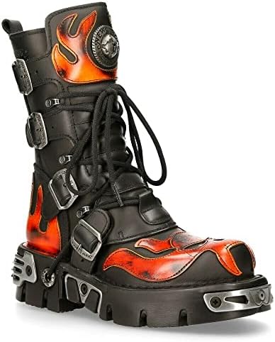 Amazon.com | New Rock 591-S1 Red Flame Boots Metal Black Leather