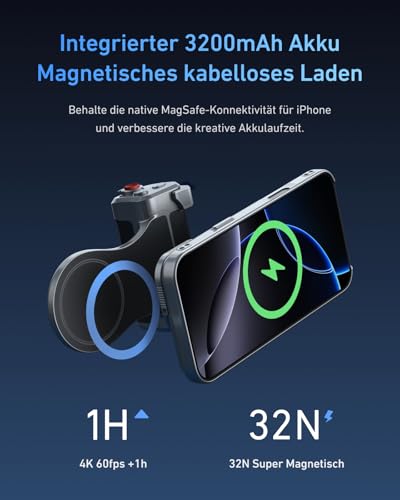 TELESIN Master Grip Magnetic Camera Grip for MagSafe Compatible iPhones & Android, 3200 mAh Battery, Wireless Charging, DSLR-Like Grip Feel, 1/4 Inch Thread, Set with iPhone 17 Pro Case