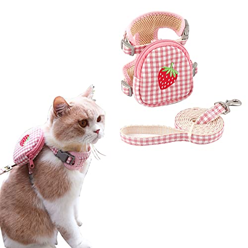 Wallfire 猫 猫用 ハーネス 胴輪 猫具 猫リード 子猫 子犬 ネコ 首輪お出かけ 抜けない サイズ調節可 ソフト胸あて 通気メッシュ 可愛いリュック付き お散歩セット(S,ピンク)