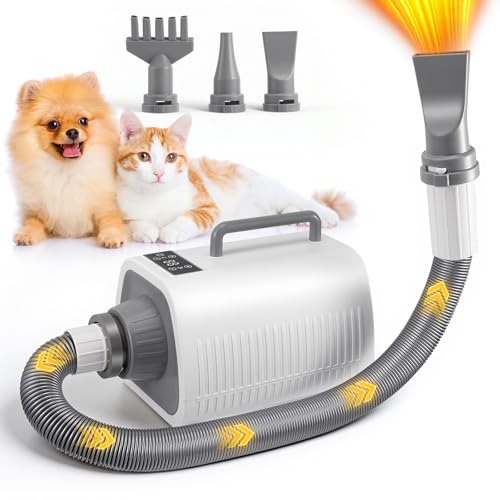Asciugacapelli per Cani, Potente soffiatore per cani con Velocità e Temperatura Regolabili, 3 Ugelli, Tubo Flessibile, Schermo LCD, Asciugatore per Cani e Gatti di Tutte le Taglie
