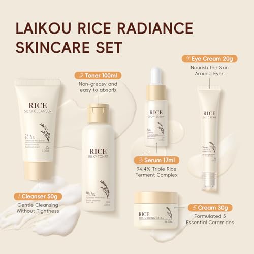 LAIKOU Rice Face Care, Pack of 5 Skin Care Women's Face Set, Travel Size Skincare with Facial Cleanser, Rice Toner, Eye Cream, Serum Moisturising Cream, for Daily Moisture & Care