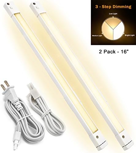 LED Concepts Under Cabinet Light Bar, 3 Dimming Levels, Ultra Slim Linkable Plug In LED Light - Great for Kitchen, Closet, Vanity, Bathroom, Task Lighting, 2700k Warm White (16 Inch - 2 PK)