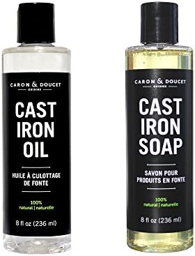 Caron Doucet - Cast Iron Care Bundle - Cast Iron Oil & Cast Iron Soap - 100% Plant Based Formulation - Helps Maintain Seasoning on All Cast Iron Cookware. (8oz Cylinder)