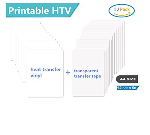 Printable Heat Transfer Vinyl Inkjet Printer Iron on HTV A4 Size for Light Fabrics or T-shirts, Pack of 12