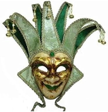Blue Gold Venetian Jester Mask for Men Mardi Gras Bells Costume Accessory Velvet