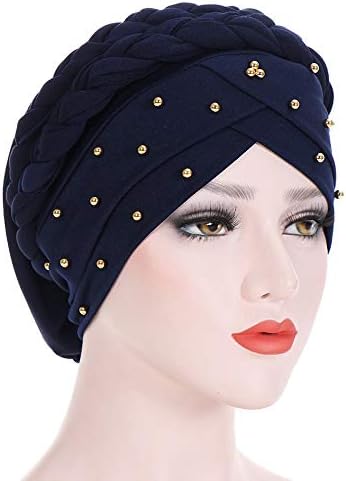 Musheng Turban Hat For Women, Women India Hat Muslim Ruffle Cancer Chemo Beanie Scarf Turban Two Tail Wrap Cap (Navy)
