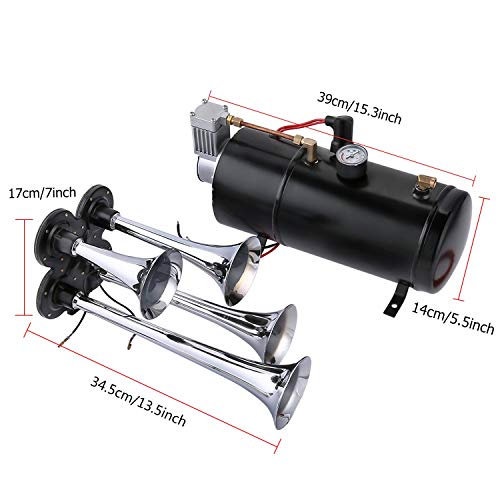 150DB Super Loud Train Horns kit for Trucks, 4 Air Horn Trumpet for Car Truck Train Van Boat, with 120 PSI 12V Compressor and Gauge (120 PSI 12V -Black) - Thumbnail 5