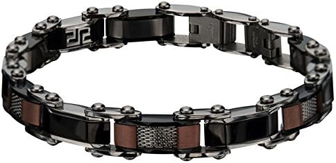 Men's Inox Jewelry Brown &amp; Black Carbon Fiber Greek Key Stainless Steel Reversible Bracelet
