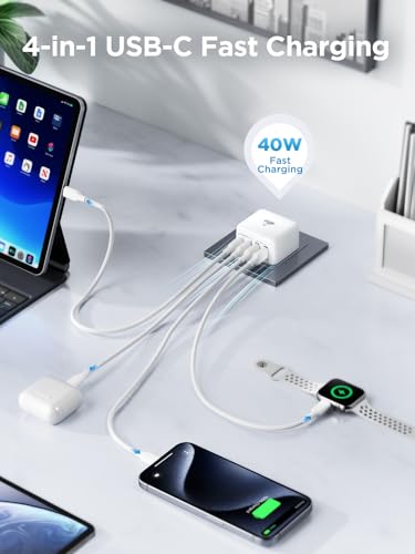Aioneus USB C Charger 4-Port 40W iPhone Fast Charger Multiple USB Plug Type C Adapter with Double USB-C & USB-A Wall Charger for iPhone 16/16 Pro Max,15/14/13, Samsung Galaxy S25 S24, iPad