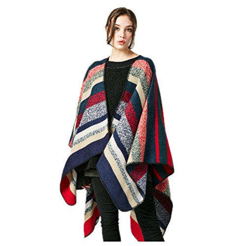 Jelinda Women Blanket Shawl Wrap Poncho Cape Winter Large Warm Striped Scarf (one size, red)