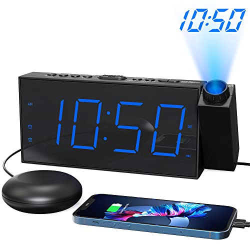 Mesqool Projection Alarm Clock, Loud Vibrating Alarm Clock for Heavy