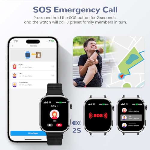 4G Montre Connectée Enfant avec GPS et Visiophonie, Smartwatch Enfants avec Appels, Chat Vocal, SOS, Mode École, Étanchéité IP68, Podomètre, Réveil, Cadeau pour Filles et Garçons de 4 à 15, Noir