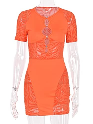 Hilinker Women's Hollow Out Short Sleeve Bodycon Dress Sheer Mesh