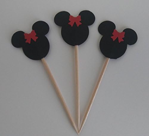 25 Minnie Mouse Red Bow Double Sided Cupcake Toppers Party Food Picks