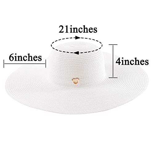 Women Straw Sun Beach Hat - White Large Wide Brim Floppy Face Sunhat Foldable for Summer UV Protection