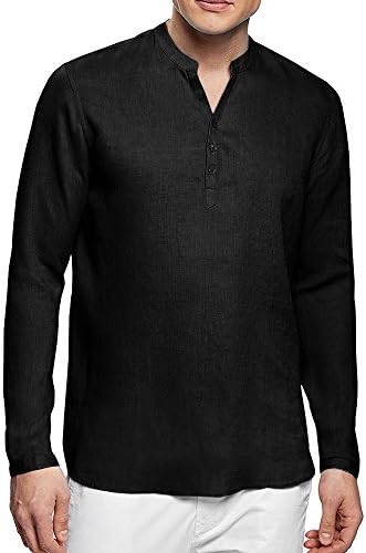 Puwany Mens Long Sleeve Henley Shirt Cotton Linen Loose Fit Henleys Tops